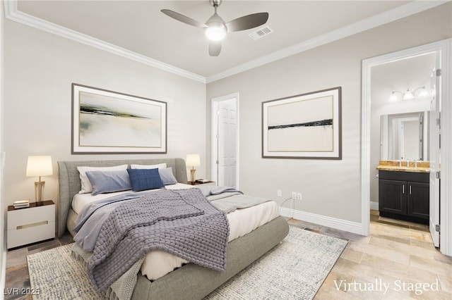 bedroom with crown molding, baseboards, a sink, ensuite bath, and visible vents