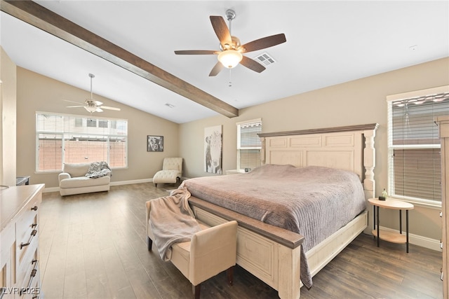 bedroom with visible vents, baseboards, dark wood-style flooring, and vaulted ceiling with beams