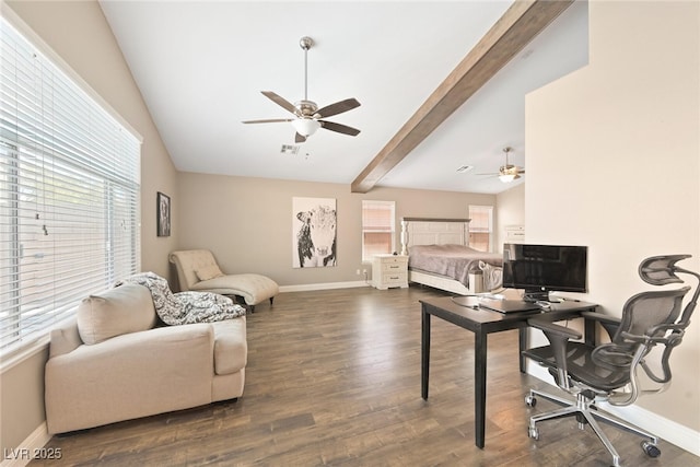 bedroom featuring visible vents, a ceiling fan, dark wood-style floors, baseboards, and vaulted ceiling with beams