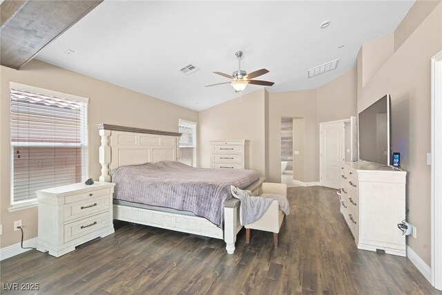 bedroom with dark wood-type flooring, baseboards, and visible vents