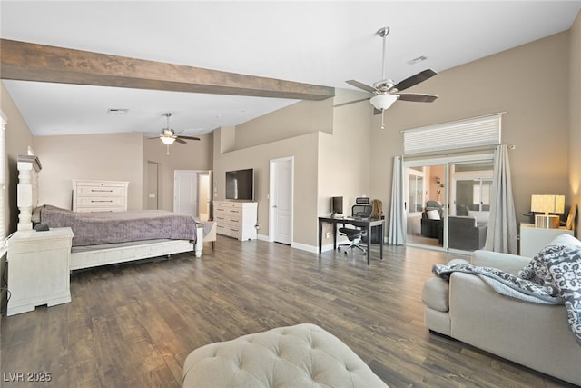 bedroom with a ceiling fan, visible vents, wood finished floors, baseboards, and beamed ceiling