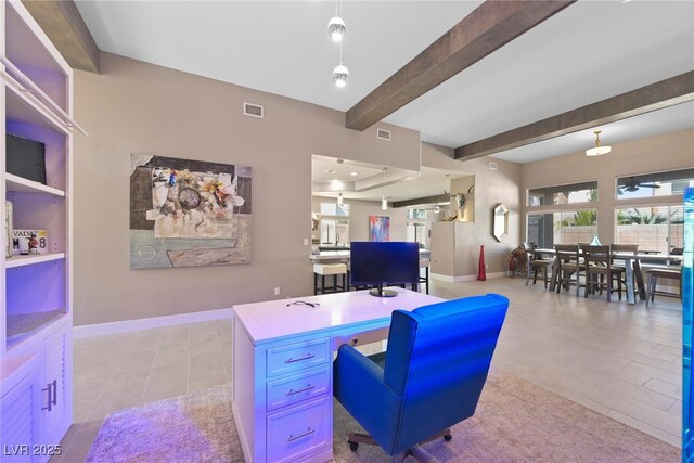 office with light tile patterned floors, baseboards, beam ceiling, and visible vents