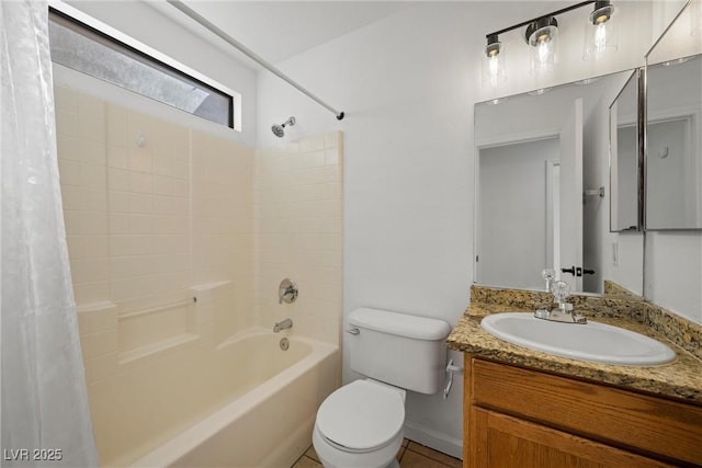 bathroom featuring vanity, toilet, and shower / bath combo with shower curtain