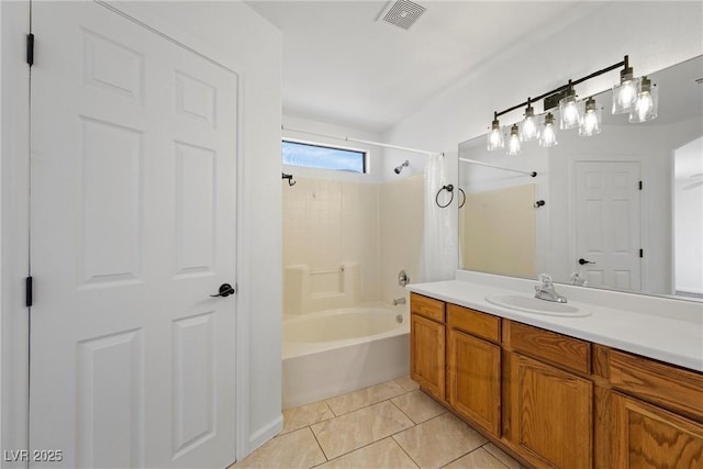 full bathroom with vanity, tile patterned flooring, shower / tub combination, and visible vents