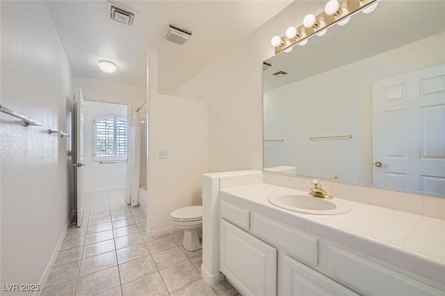 bathroom with visible vents, toilet,  shower combination, tile patterned flooring, and vanity