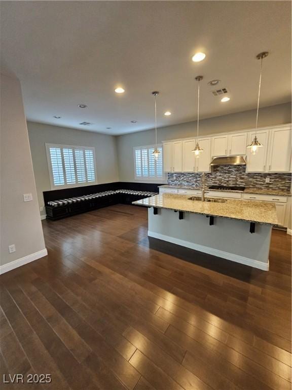 kitchen with light stone counters, dark wood finished floors, a sink, and under cabinet range hood