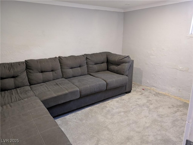 carpeted living room with a textured wall and ornamental molding