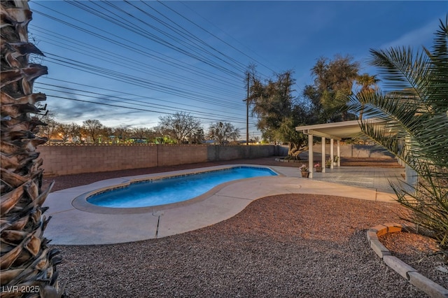 view of swimming pool featuring a fenced in pool, a fenced backyard, and a patio