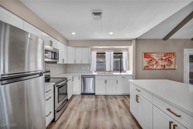 kitchen with appliances with stainless steel finishes, light countertops, light wood-style floors, white cabinetry, and backsplash