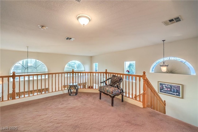 living area with visible vents, a textured ceiling, and carpet floors