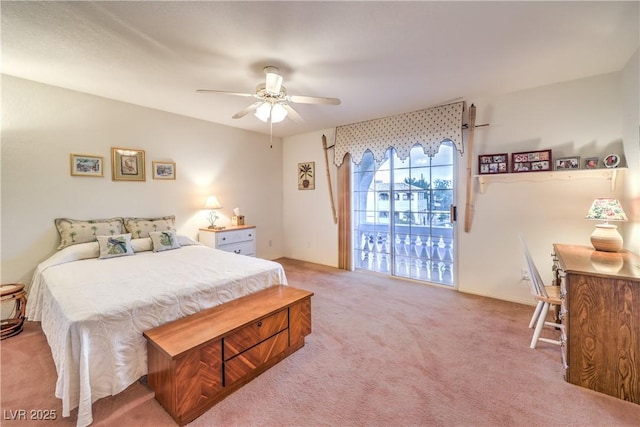 carpeted bedroom with a ceiling fan and access to outside