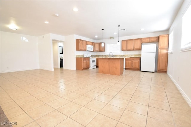 kitchen featuring recessed lighting, white appliances, baseboards, open floor plan, and a center island