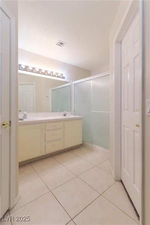 bathroom with a shower stall, tile patterned flooring, visible vents, and vanity