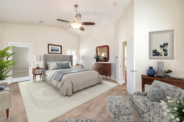 1332 Cedar Berry Ct, Henderson, NV 89012 - bedroom featuring carpet flooring, vaulted ceiling, baseboards, and ceiling fan