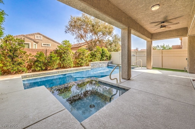 1332 Cedar Berry Ct, Henderson, NV 89012 - view of pool featuring ceiling fan, a fenced backyard, a patio, and a pool with connected hot tub