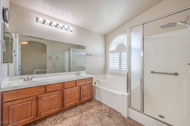 1332 Cedar Berry Ct, Henderson, NV 89012 - full bathroom featuring a stall shower, a bath, double vanity, tile patterned flooring, and lofted ceiling