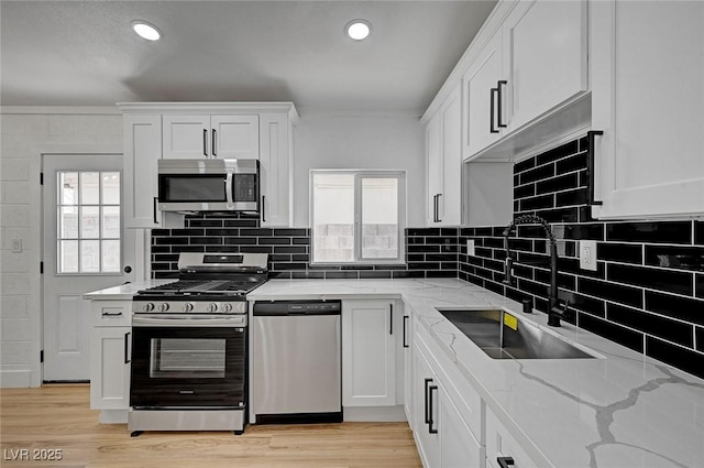 kitchen featuring a sink, white cabinetry, light wood-style floors, appliances with stainless steel finishes, and decorative backsplash