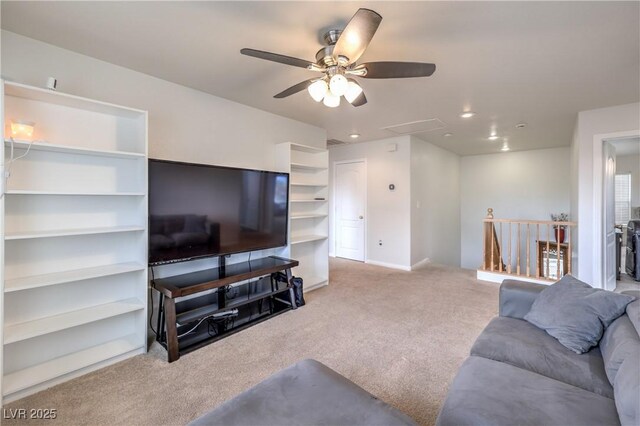 carpeted living area featuring recessed lighting and ceiling fan