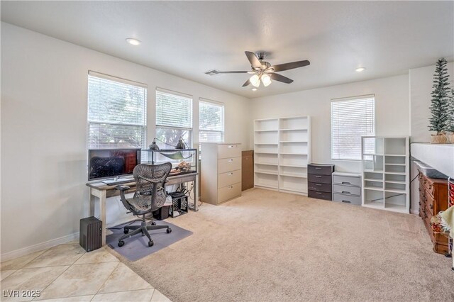 carpeted office space featuring recessed lighting, visible vents, ceiling fan, and baseboards