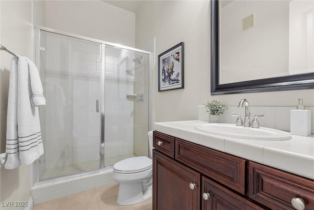 full bath featuring a shower stall, toilet, and vanity