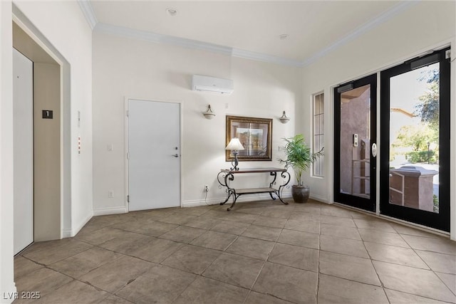 foyer with ornamental molding, elevator, tile patterned flooring, a wall mounted air conditioner, and baseboards