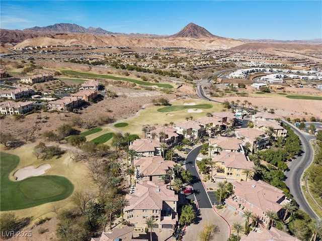 aerial view with a residential view, view of golf course, and a mountain view