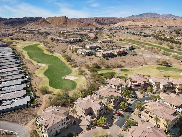 bird's eye view with view of golf course, a residential view, and a mountain view