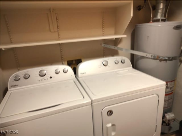 laundry room featuring laundry area, water heater, and washing machine and clothes dryer