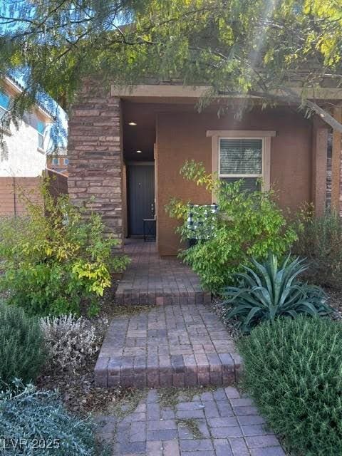 doorway to property featuring stucco siding