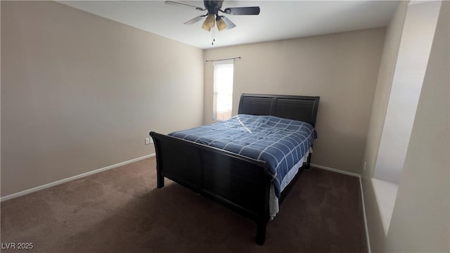 bedroom with carpet floors, a ceiling fan, and baseboards