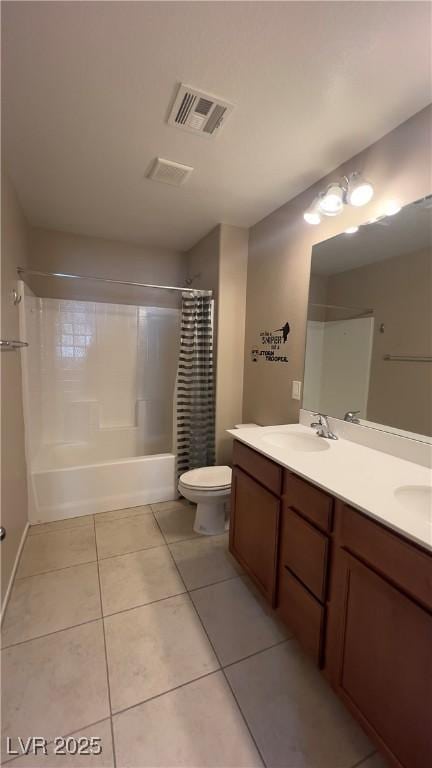 bathroom with tile patterned flooring, a sink, visible vents, double vanity, and shower / bath combination with curtain