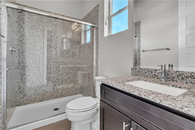 bathroom with toilet, a stall shower, and vanity