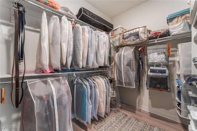 walk in closet with wood finished floors