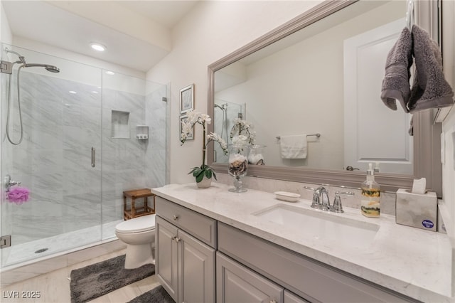 full bathroom with toilet, a shower stall, recessed lighting, and vanity