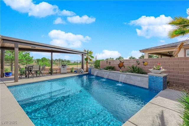 view of pool featuring grilling area, a fenced backyard, and a fenced in pool