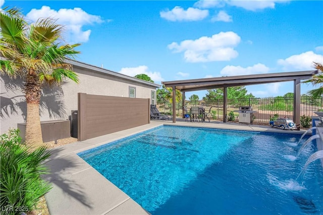 view of pool with a fenced in pool, a patio area, and fence