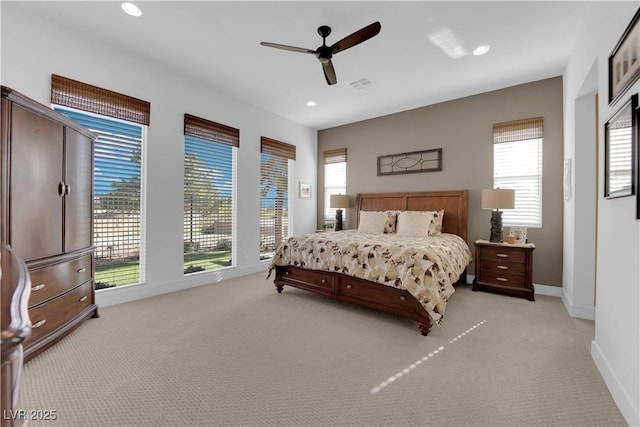 bedroom featuring recessed lighting, visible vents, light carpet, ceiling fan, and baseboards