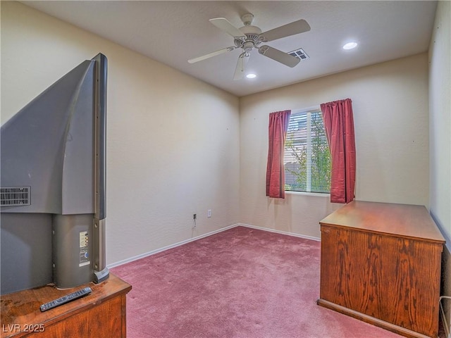 interior space featuring a ceiling fan, recessed lighting, visible vents, and baseboards