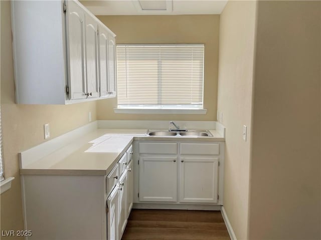 kitchen featuring light countertops, dark wood-style flooring, a sink, and white cabinets