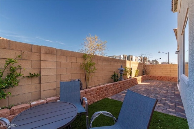 view of yard featuring a patio area and a fenced backyard