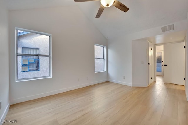 spare room with ceiling fan, baseboards, visible vents, and light wood-style floors