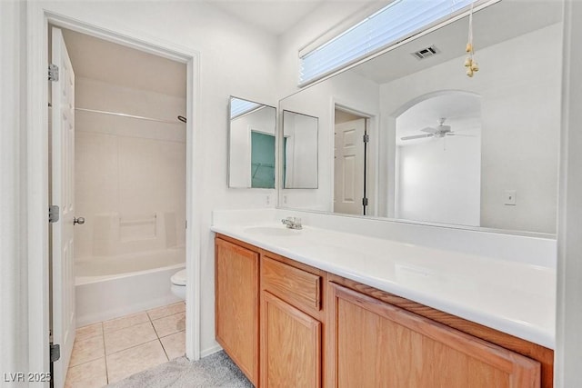 bathroom featuring tile patterned flooring, visible vents, toilet, vanity, and a ceiling fan