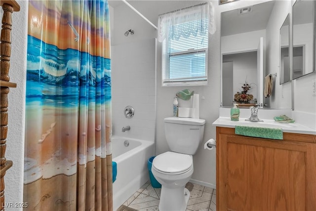 bathroom with shower / bath combination with curtain, visible vents, toilet, vanity, and tile patterned floors