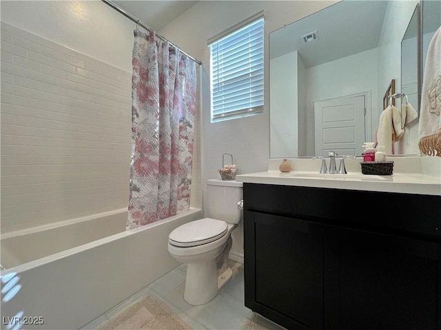 full bath featuring visible vents, shower / bathtub combination with curtain, toilet, vanity, and tile patterned floors