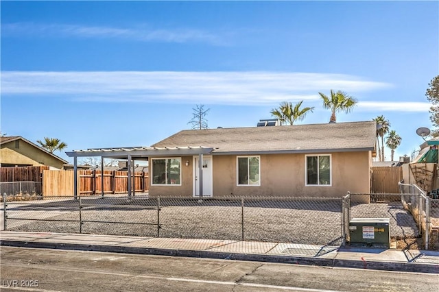 view of front of property featuring a fenced front yard, a gate, and stucco siding