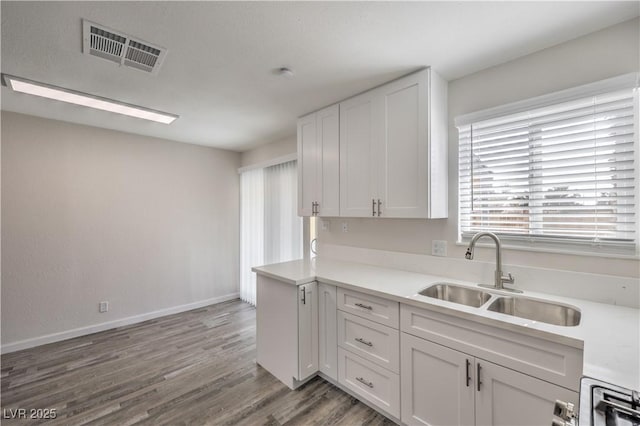 kitchen featuring visible vents, white cabinets, wood finished floors, light countertops, and a sink