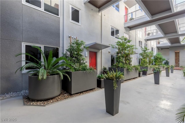 view of exterior entry with stucco siding