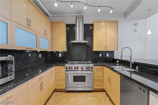 kitchen with stainless steel appliances, ventilation hood, a sink, and light brown cabinetry