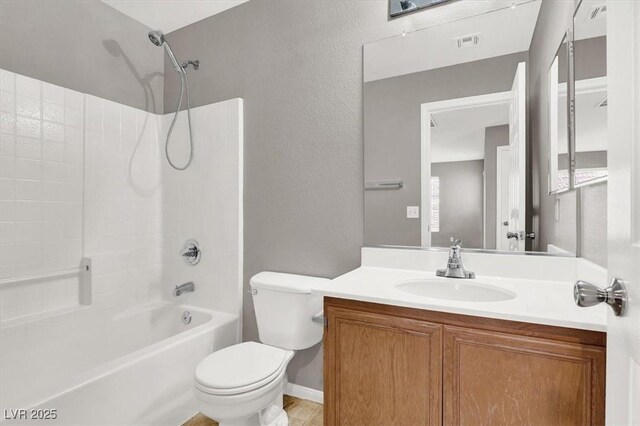 bathroom featuring shower / bath combination, visible vents, a textured wall, toilet, and vanity