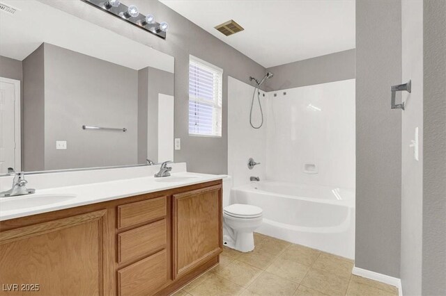 full bathroom with  shower combination, visible vents, a sink, and toilet